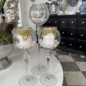 3 Ribbed Glass Votive Candle Holders - Home Decor 22" (x1)  16" (x2)